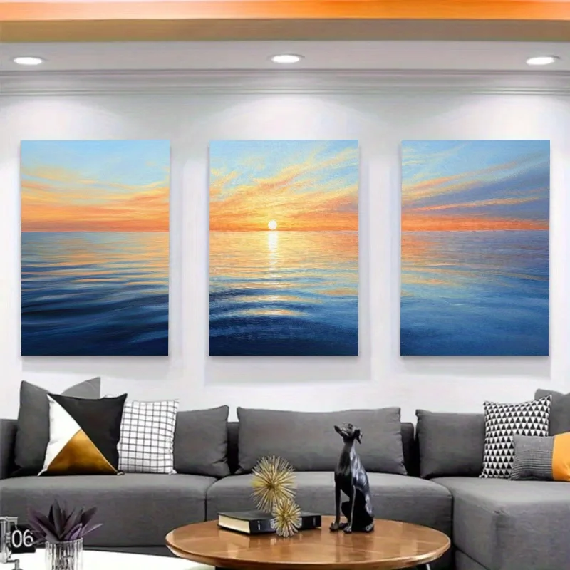 2D Flat, 2D Flat, 2D Flat This Set of Three 2D Flat Contemporary Artworks Depicting a Dreamy Sunset Over The Ocean Evokes a S