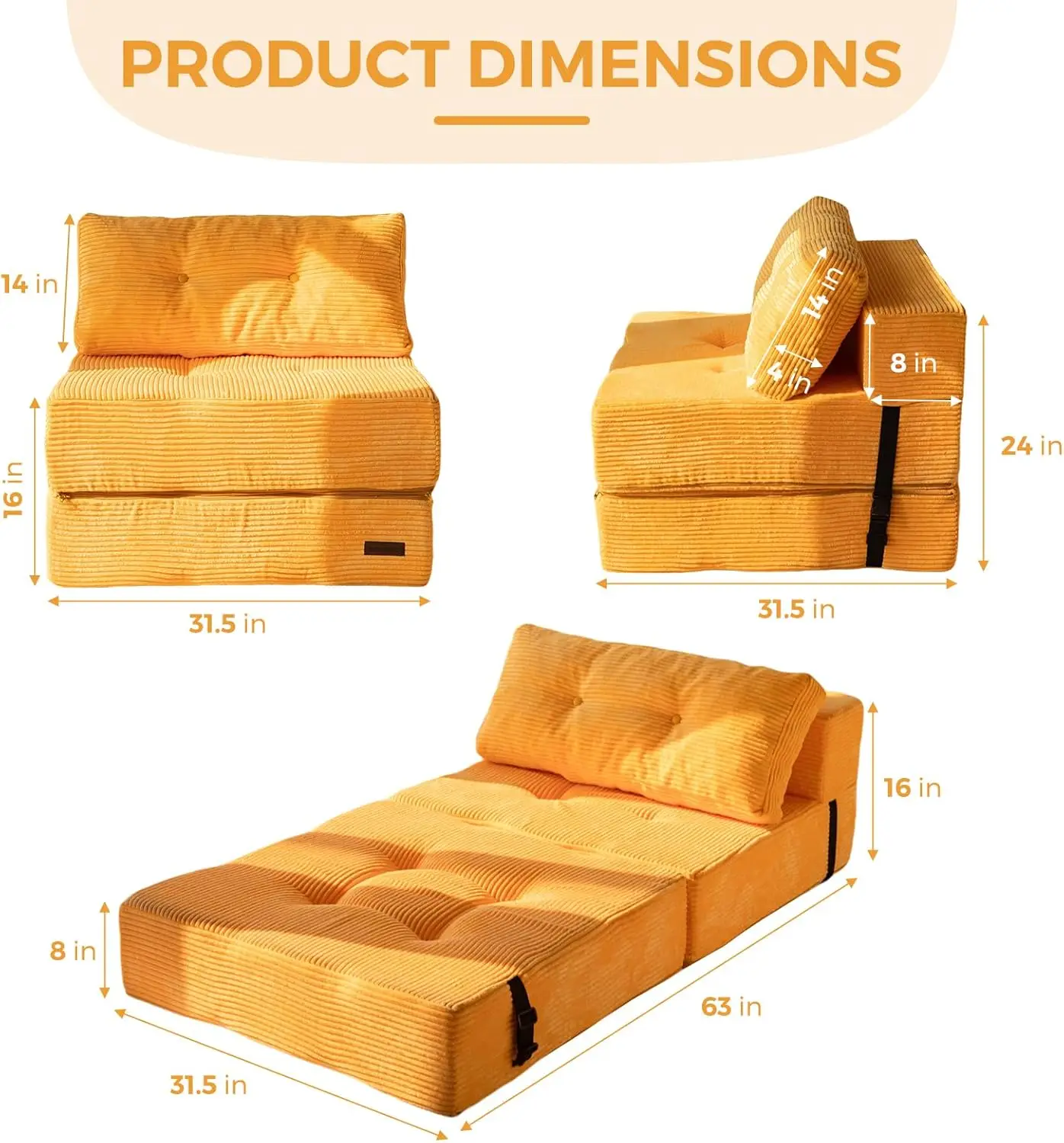 Folding Sofa Bed, Convertible Sofa Bed With High-Density Support Foam, Portable 4 In 1 Fold Out Chair To Floor Lounger,