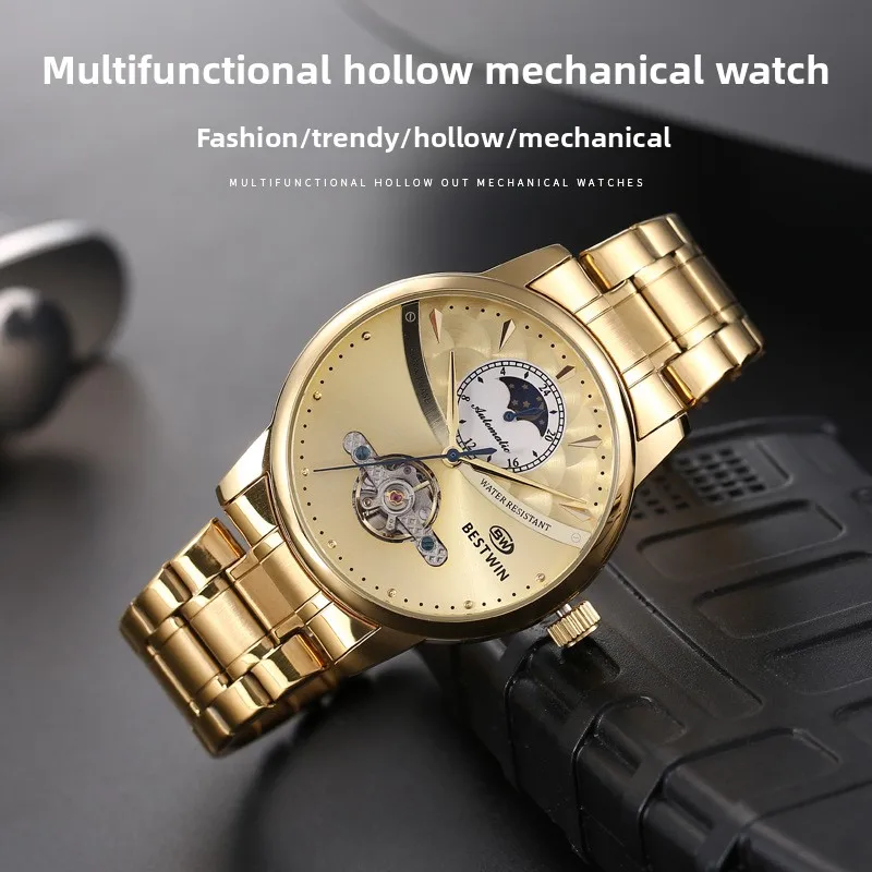Stainless Steel Round Moonphase Skeleton Luminous Waterproof Self-Wind Automatic Mechanical Watch for Men