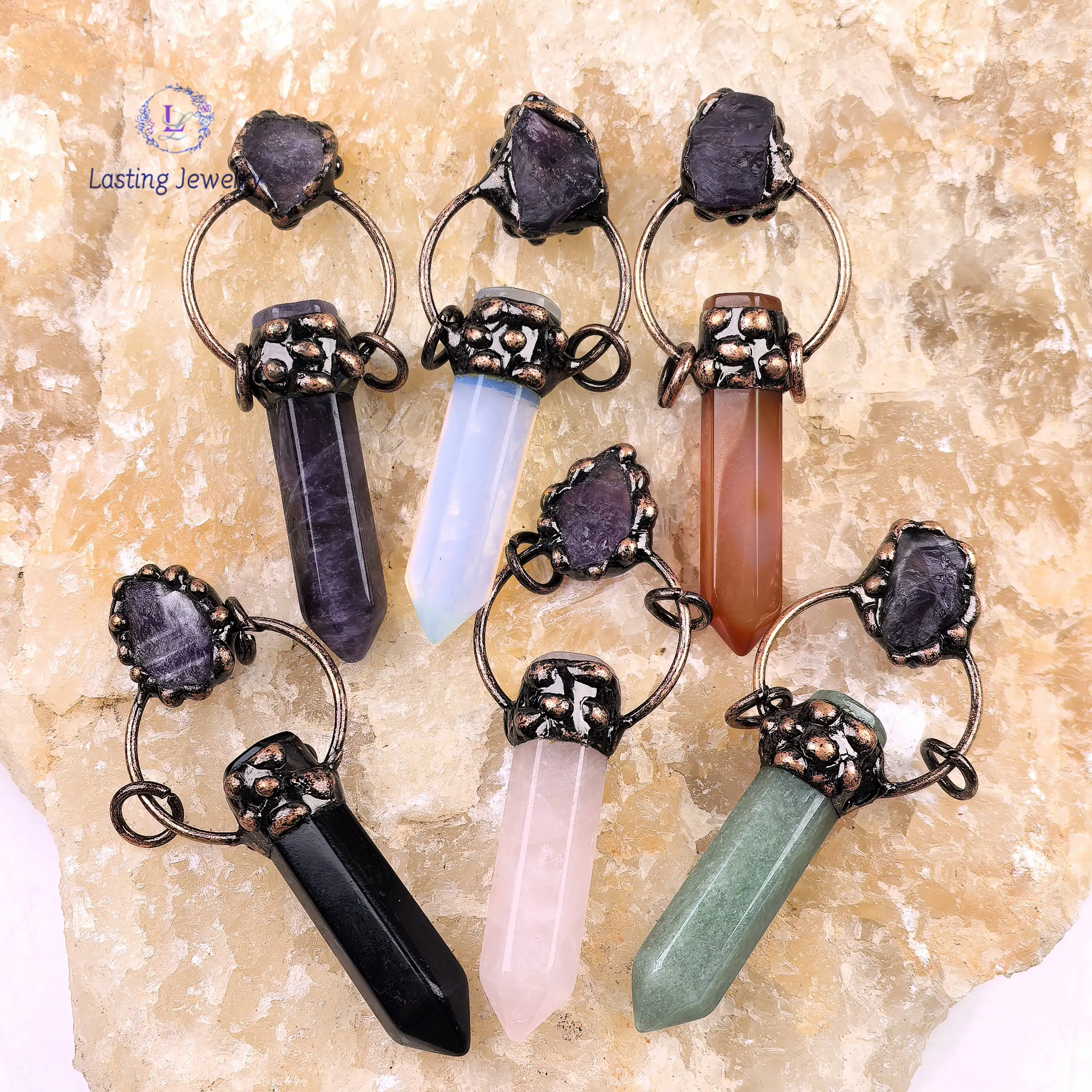 

Soldered Bronze Hexagonal Point Pendants,Chakra Crystal Antique Copper Amethyst Obsidian Pendulum Pendules Necklace DIY Jewelry