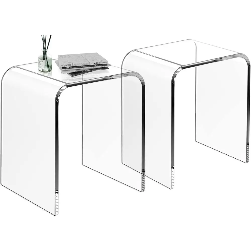 

Набор из 2 акриловых приставных столиков с каскадными краями, современные квадратные столики для гостиной, спальни или офиса