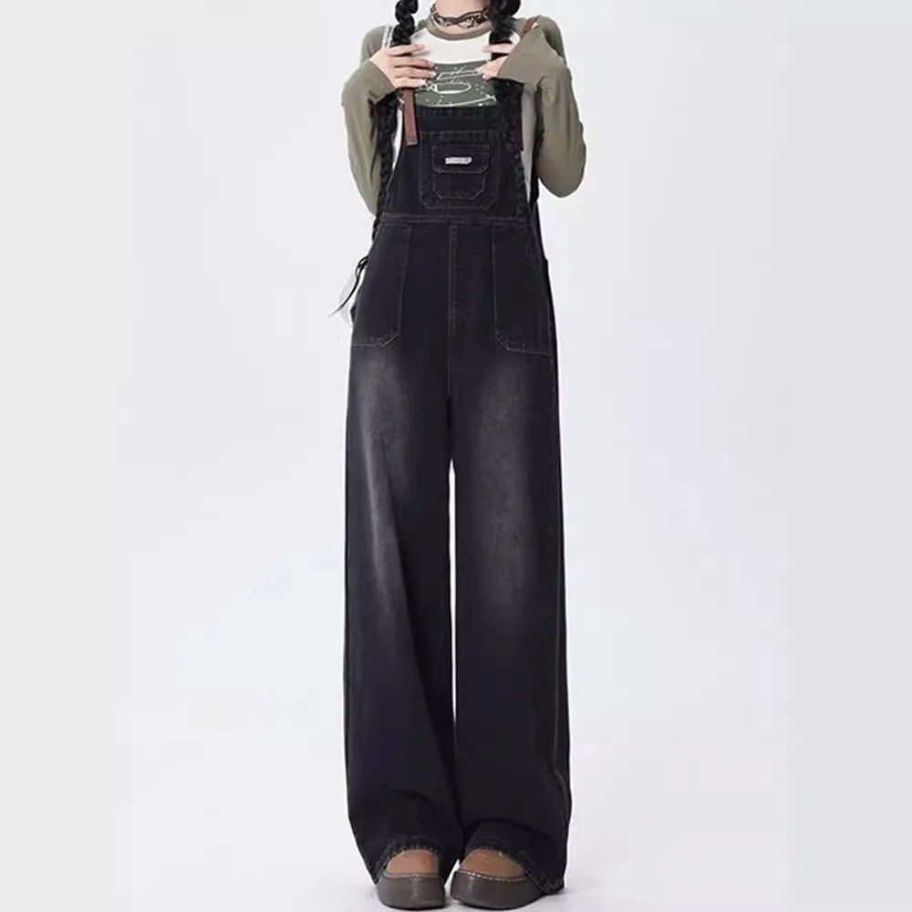 

Overalls Women Jeans Mid Waist Wide Leg Pants Full Length Jean Loose Fit Denim Washed Pockets High Street Solid Spliced