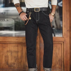 Maden Jeans de mezclilla con bordado dorado, vaqueros rectos de cintura alta con orillo vintage para hombres, cuatro estaciones con botones chapados en oro