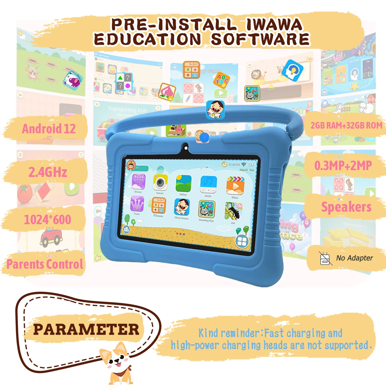 ماكينة تعلم الأطفال مقاس 7 بوصات، شاشة عالية الوضوح، كاميرات مزدوجة، WIFI، 2+32 جيجابايت، تحكم بالأبوية، هدية مفضلة للأطفال