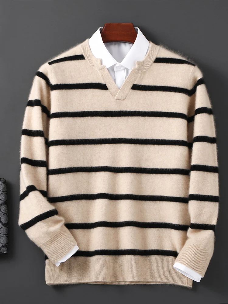 

Leisure 100% Merino Wool Sweater for Men Seagull Collar Color Strip Pullover Autumn Winter Cashmere Knitwear Casual Soft Top