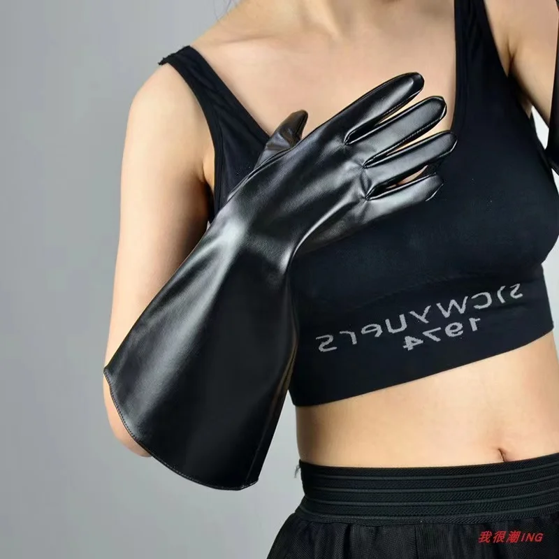 Touch screen leather gloves large wide mouth 38cm loose puffy sleeves Bubble sleeves imitation leather white sexy patent leather