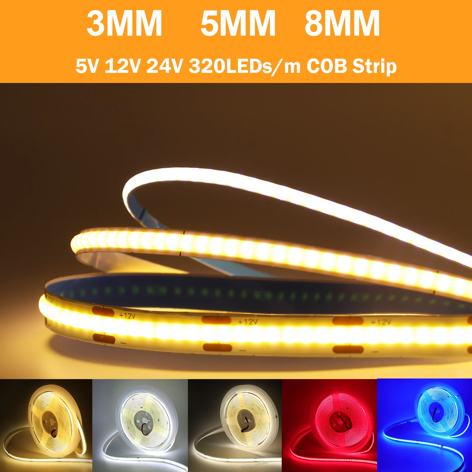 

DC 5V 12V 24V COB LED Strip 3mm 5mm 8mm PCB High Density 320LEDs/m Flexible Tape RA90 Warm Natural White Red Blue for Home Decor