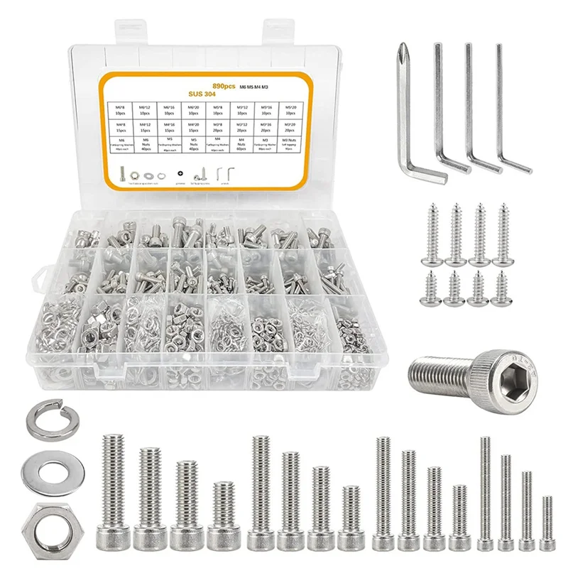 

T98C-890Pcs M3-M6 Screw Assortment, Socket Head Cap Screws Hex Head Screws Assortment Set Bolts And Nuts Kit Stainless Steel Bol
