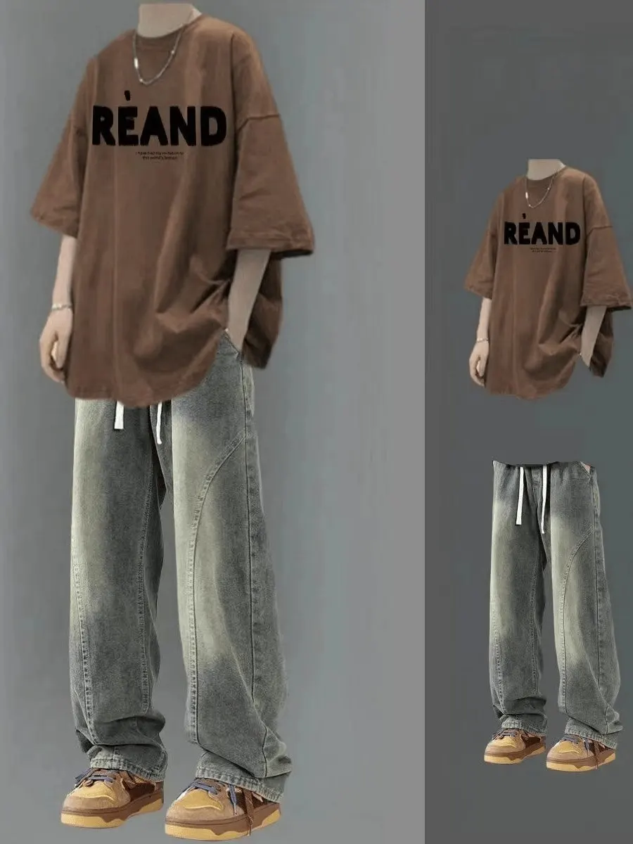 

American Retro Cool Men's Summer ort Sve Set Teenage Boys Faionable Student Long Pants Casual Sportswear Ensemble