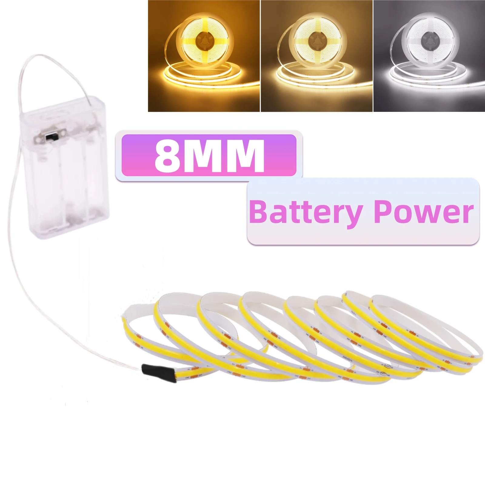 DC 5V 8mm COB LED Strip 3AA Battery Powered 320Leds/m Flexible Adhesive Tape 3000K 4000K 6000K COB LED Light Room TV Backlights