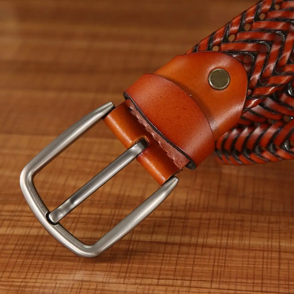 

Fashion Alloy Men Weave Belt Retro Square Buckle Male Genuine Leather Belt Durable Brown Jeans Waistband Students