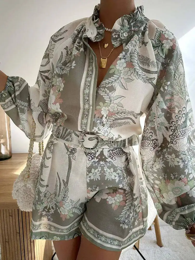 2026 Frühling Sommer Einreihige 2-teilige Sets, Damen Urlaubsanzüge mit langen Ärmeln und Shorts, bedruckte V-Ausschnitt Mode Schicke Damen Outfits