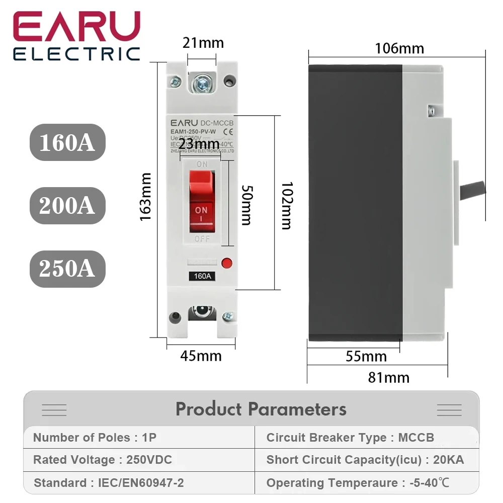 DC 250V 500V DC Solar Molded Case Circuit Breaker MCCB Overload Protection Switch Protector for Solar Photovoltaic PV 100A 125A