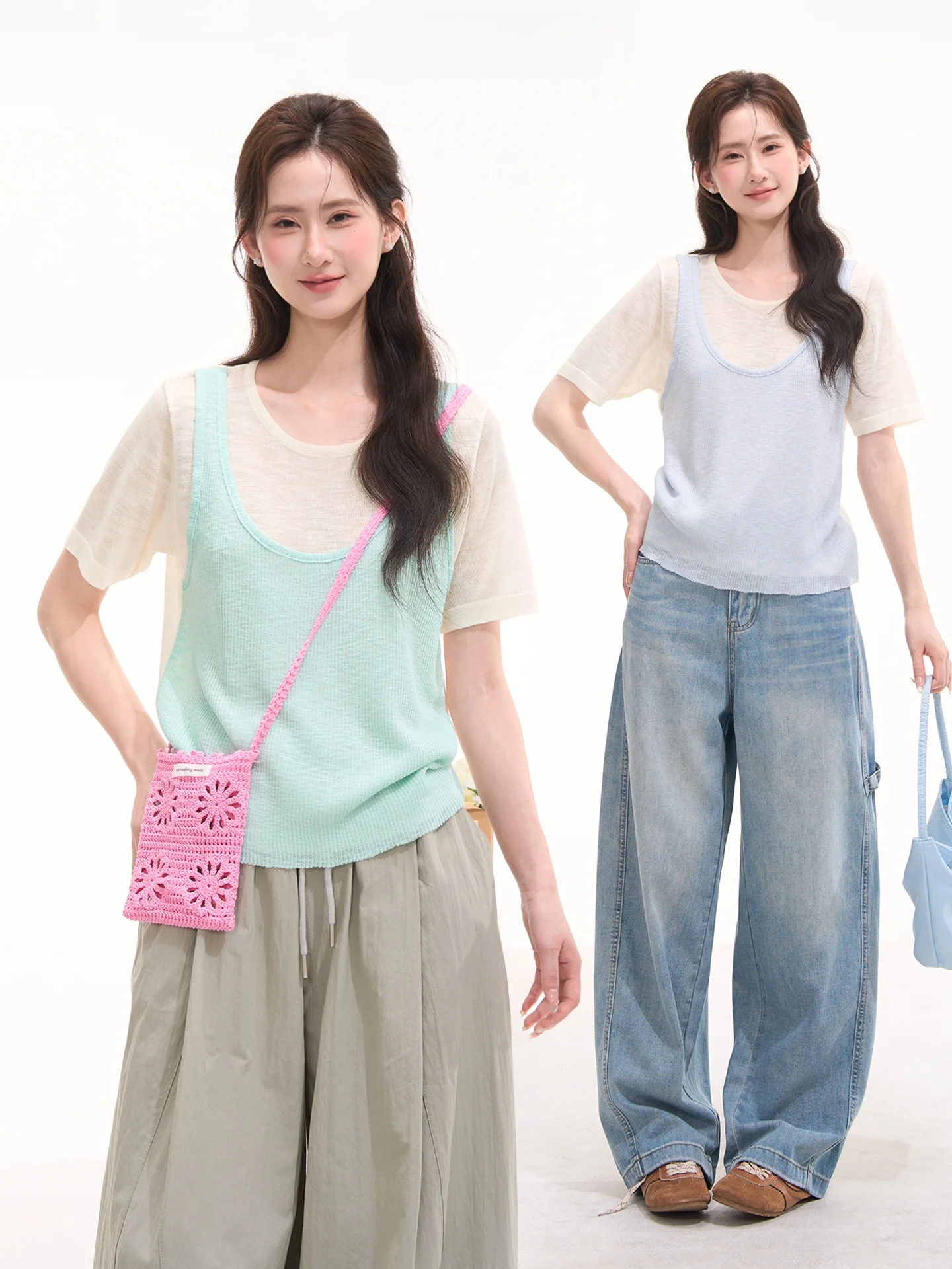 

Vanilla Ice Cream Versatile Short Sleeve Knitted Top Korean Style Women's Summer Fashion Fake Two-Piece Regular Fit Knitwear