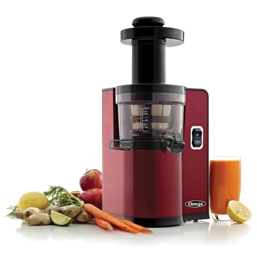 

Cold Press Juicer for Fruits and Vegetables: Vertical Slow Masticating Extractor, Red Plastic Housing, 43 RPM Quiet Operation,
