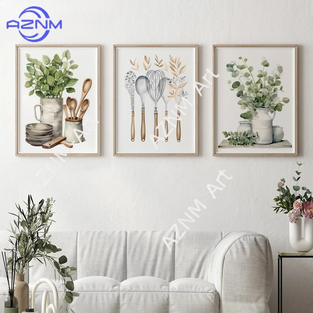 1/3 Stück, meistverkauftes Besteck mit grünen Pflanzenmotiven, Küchenutensilien, Küche, Esszimmer, Dekoration, rahmenlose Bilder