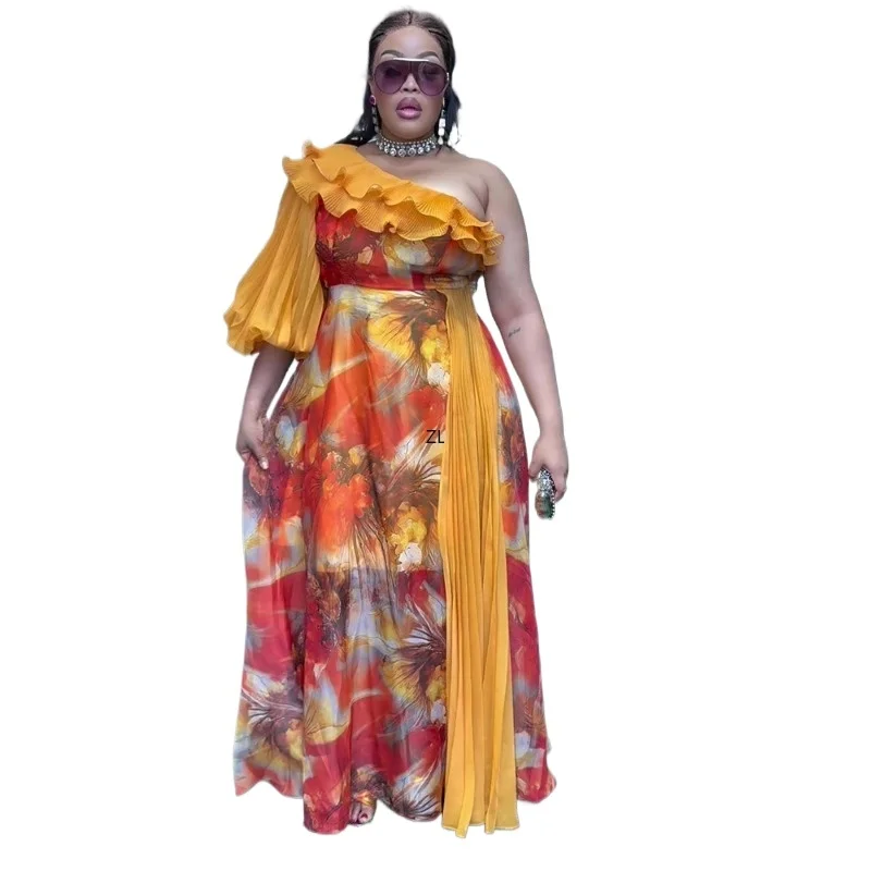 

2026 Single shoulder Evening Party Long Dress Africa Clothing Elegant Kaftan Muslim Chiffon Dress african dress