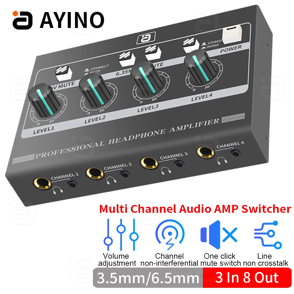 AYINO HA340 Audio Distributor  3 Input 8 Output Stereo Audio Mixer Splitter Amplifier Active for Earphone Switcher