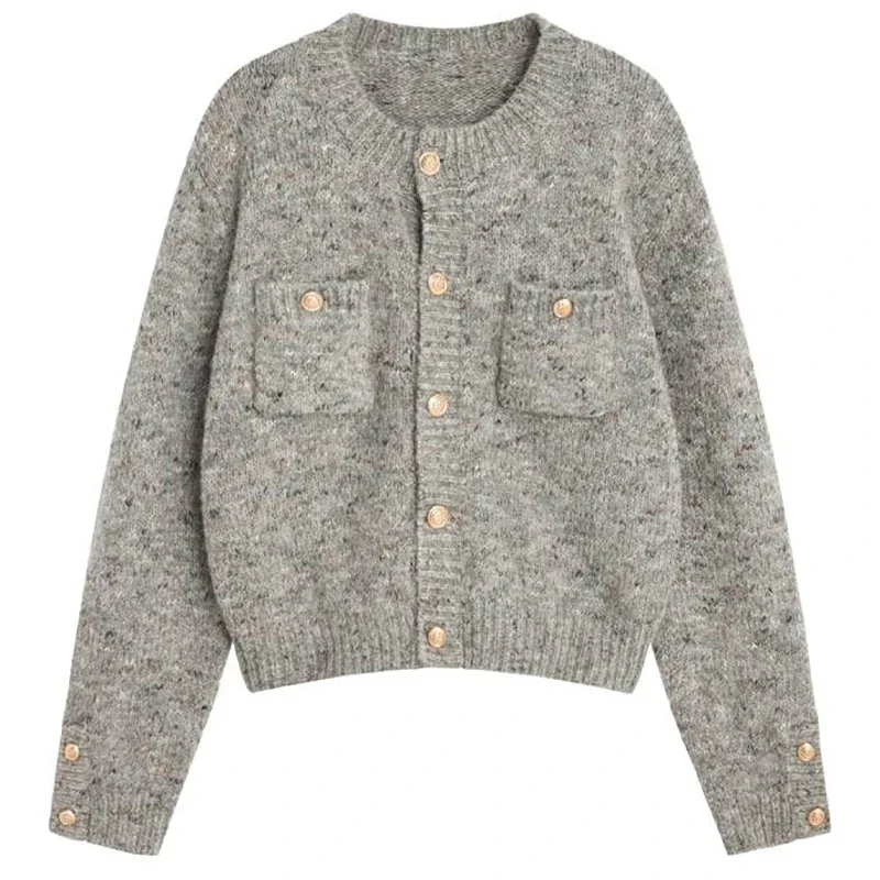 Buttons Up Gray Cardigan Sweater Coat Female Knit Long Sleeve V-Neck Elegant Office Sweater Solid Jacket Autumn Winter 2023