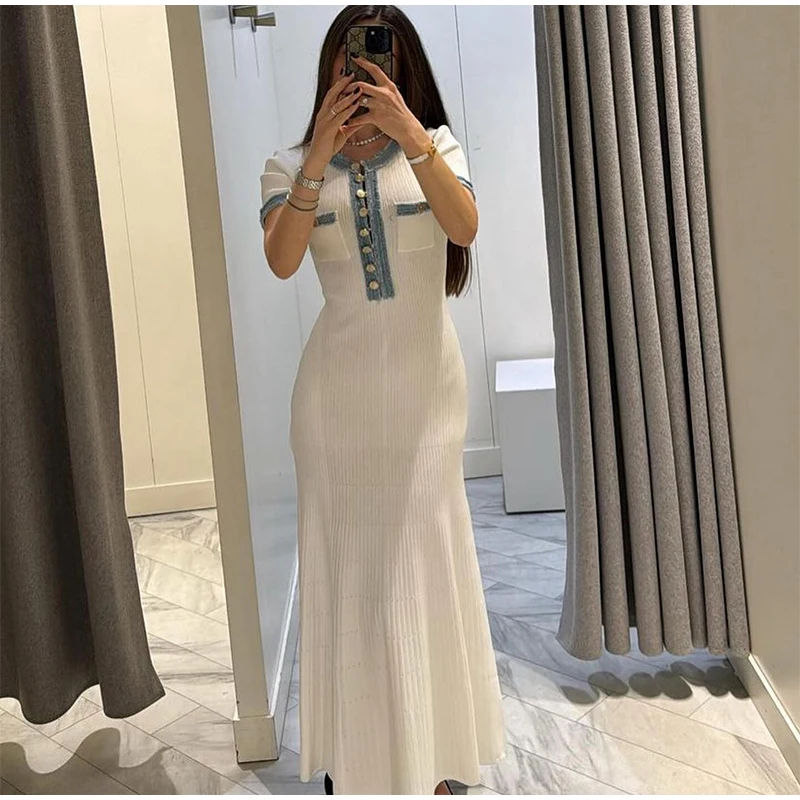エレガントなデニムパッチワークニットロングドレスの女性のファッション V ネック半袖ボタンボディコンドレス女性白ポケットローブ