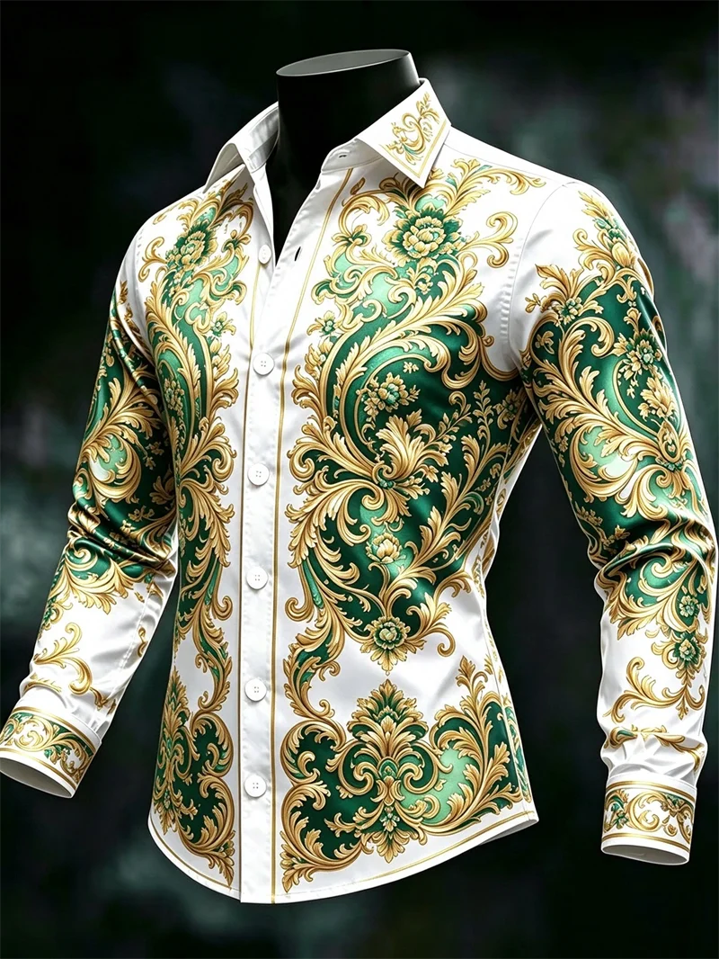 New Classic Peony Men's Long Sleeve Shirt with Golden Curly Grass Border and Palace Style Printed Shirt