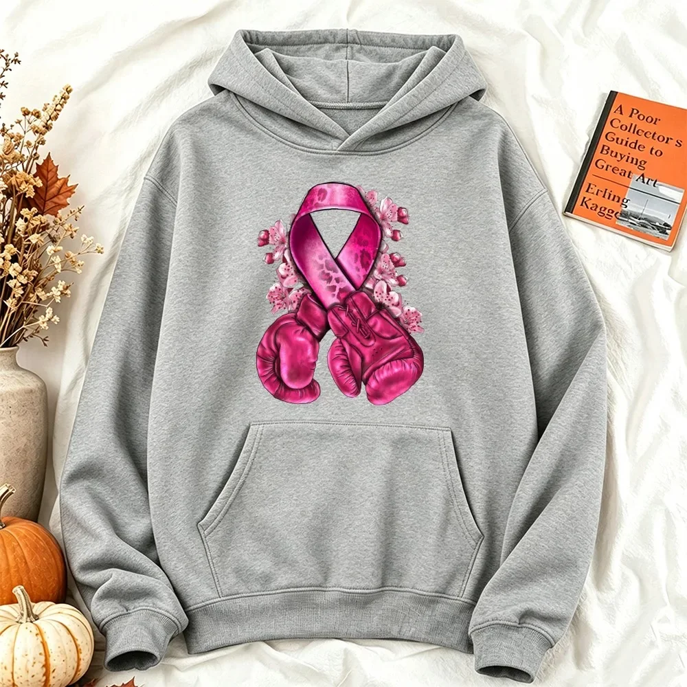 Pink Ribbon Boxing Gloves Breast Cancer Awareness Graphic Hoodie Women Fall Autumn Support Fighter Warrior Long Sleeve Pullover