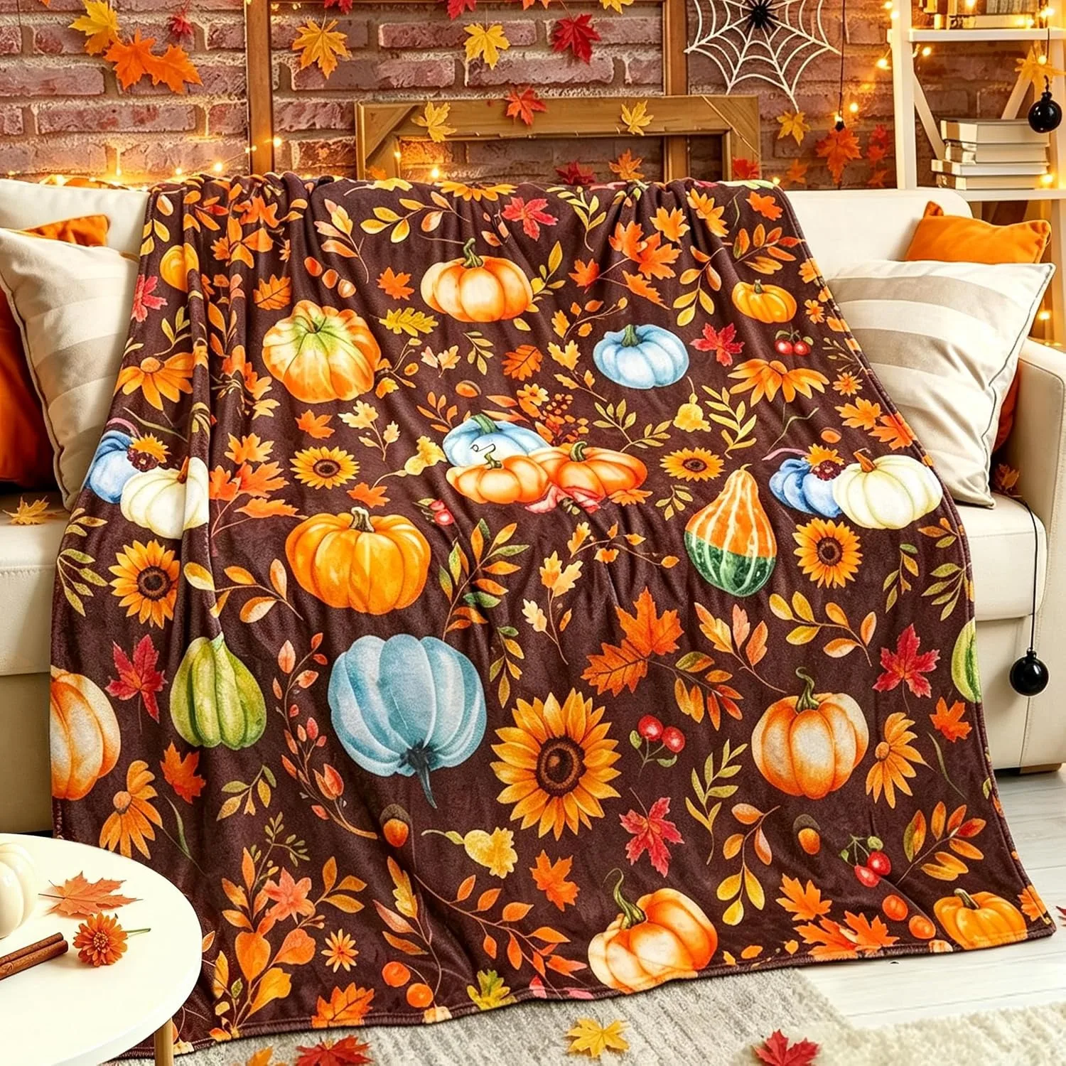 1pc Autumn Pumpkin Leaves Blanket for Gifts Soft Cozy Blanket Halloween X-mas Flannel Blankets Festival Decor Four Season Use