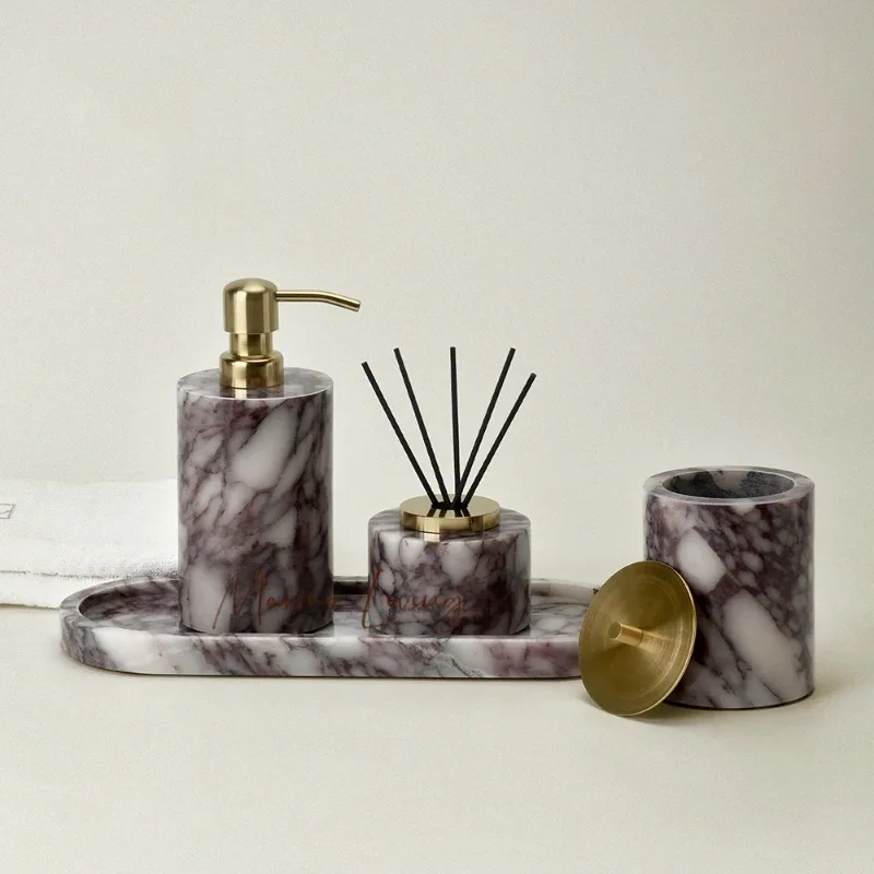 

Calacatta Viola Violet Natural Marble Bathroom Accessories Set Luxury Soap Dispenser Cotton Swabs Jar Tray Bathroom Set