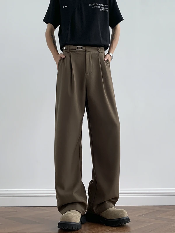 

Retro Japanese Sle Men's Casual Suit Pants Dra Waist Belt Detachable Straight Leg Long Pants High Waist Wide Leg Trousers