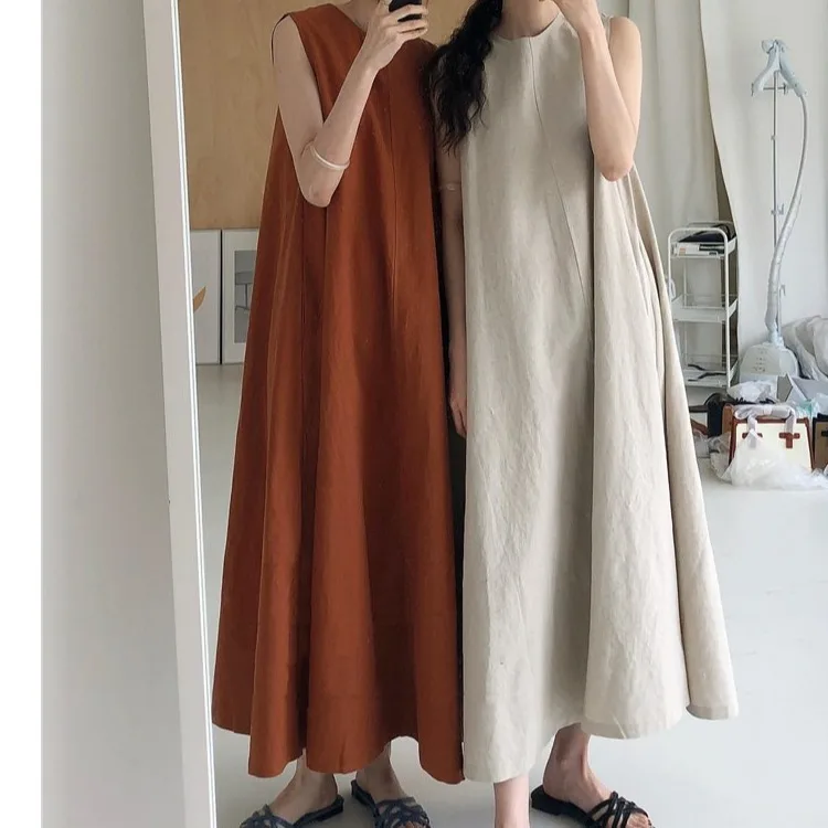 Cotton Linen Solid Color Round Neck Sleeveless Undershirt Dress Female Summer New Literary Simple Temperament Casual Long Skirt