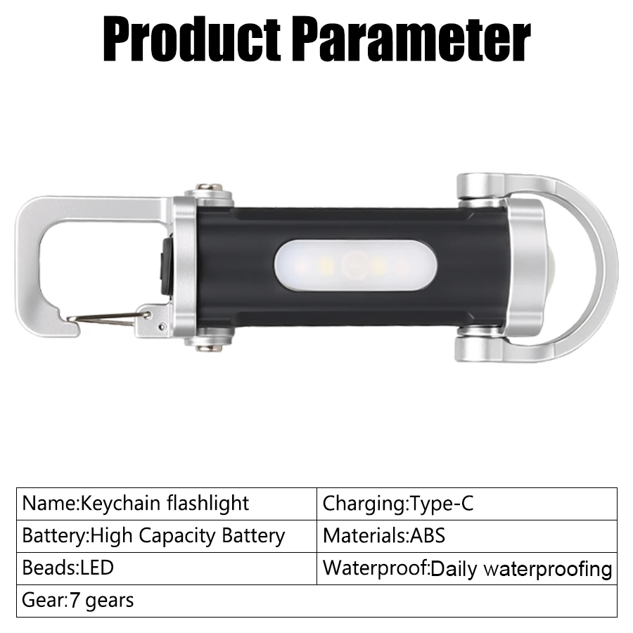 Rechargeable Keychain Flashlight,Multi Modes COB LED,Portable Hook,Type-C,Emergency Light,Red Blue Warning,Camping Outdoor Gear