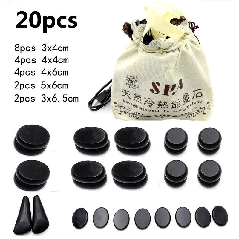 20pcs/set Hot Stone Massage Set Heater Box Relieve Stress Back Pain Health Care Lava Basalt round massage tool stone massager