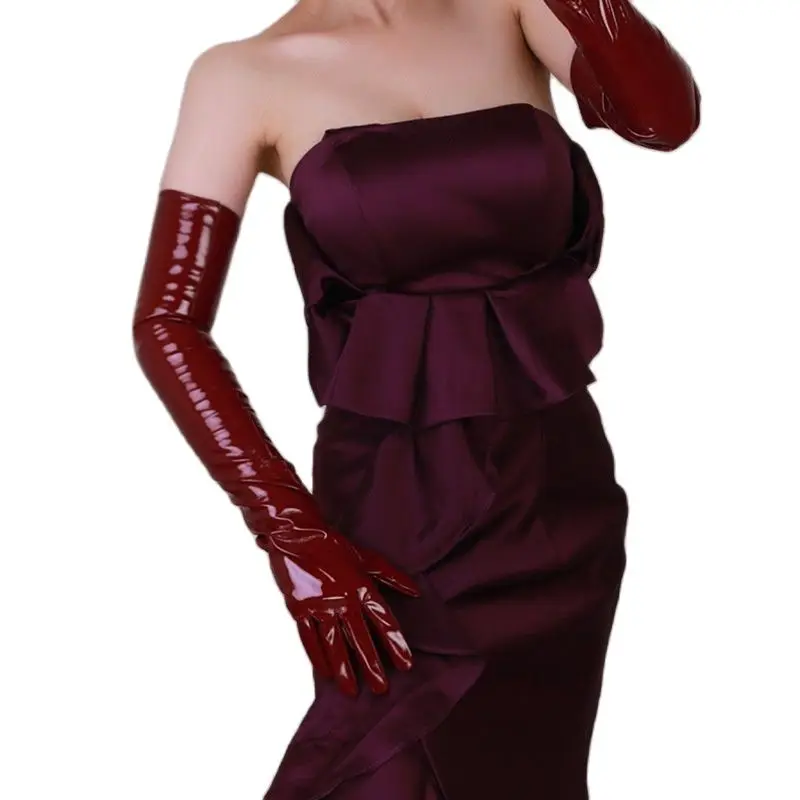 60cm Patent Leather Long Gloves Extra Long Section PU Emulation Leather Bright Leather Mirror Wine Red Dark Red Female WPU44-60