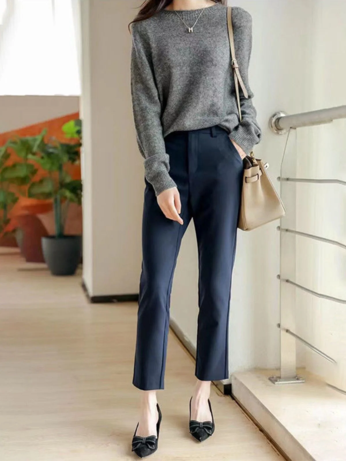 

Slimming High Waist Straight Leg Suit Pants for Women Busin Workwear in Deep Blue Long Trousers mid Waist 2024 Autumn