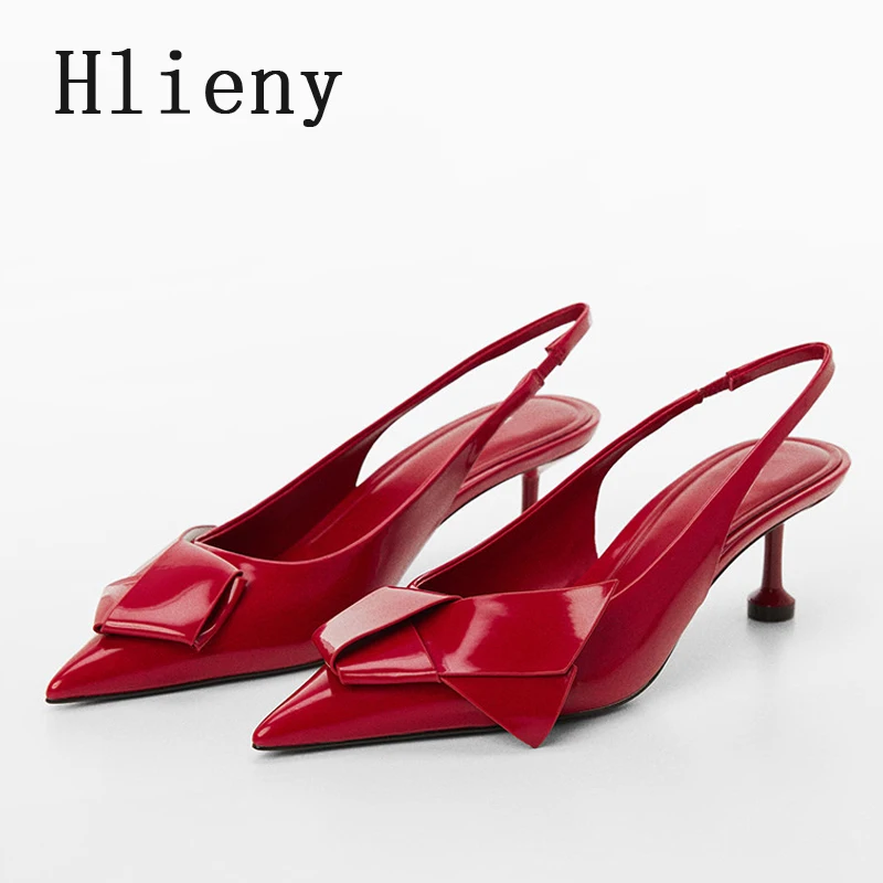 

Hlieny Sexy Pleated Patent Leather Pointed Toe Slingback Sandals Women Pumps Brand Designer High Heels Wedding Prom Shoes Red