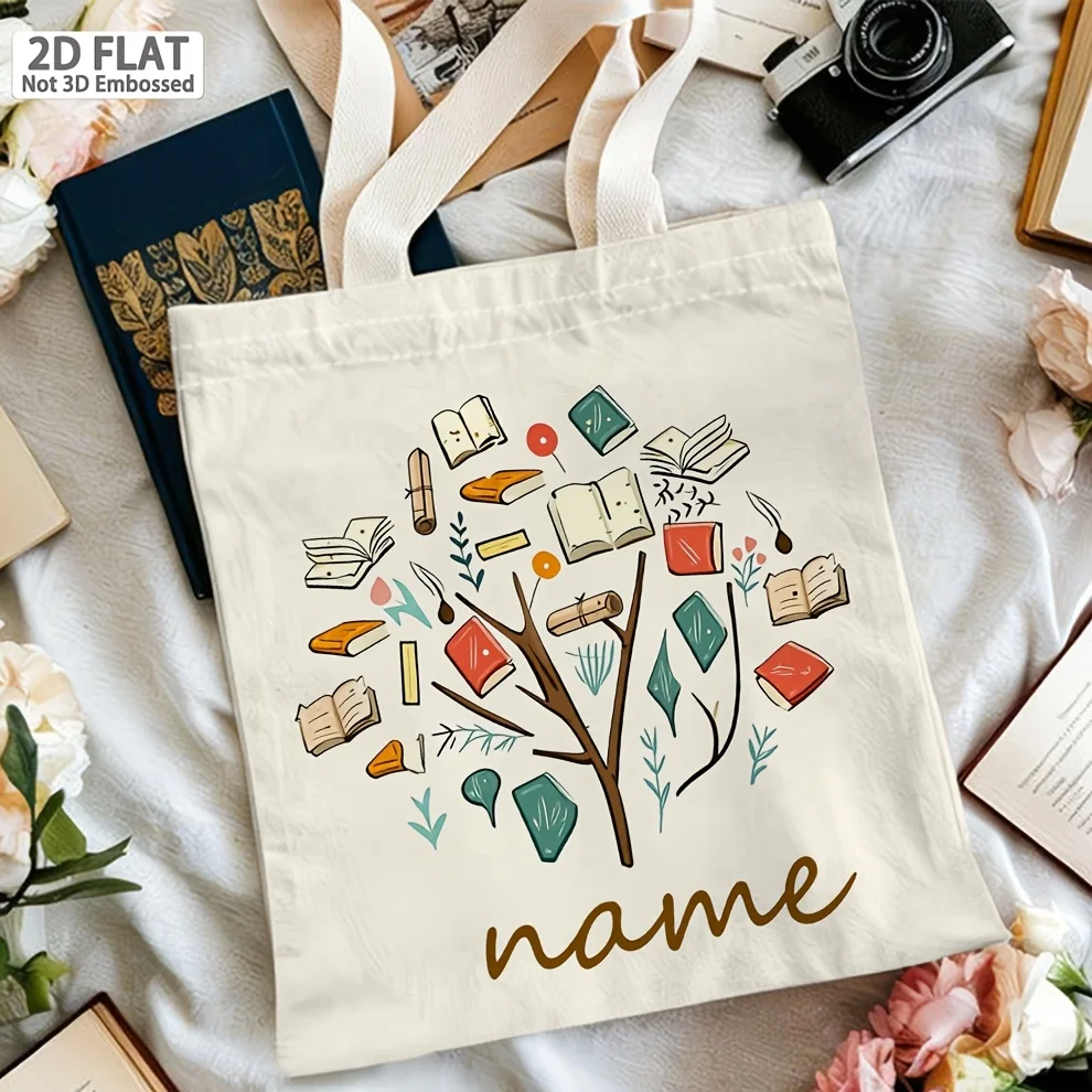 Personalized Book Theme Tote Bag for Women Customizable Name/Initials/Text Book Tree Pattern with Washable Bag for Travel view 4