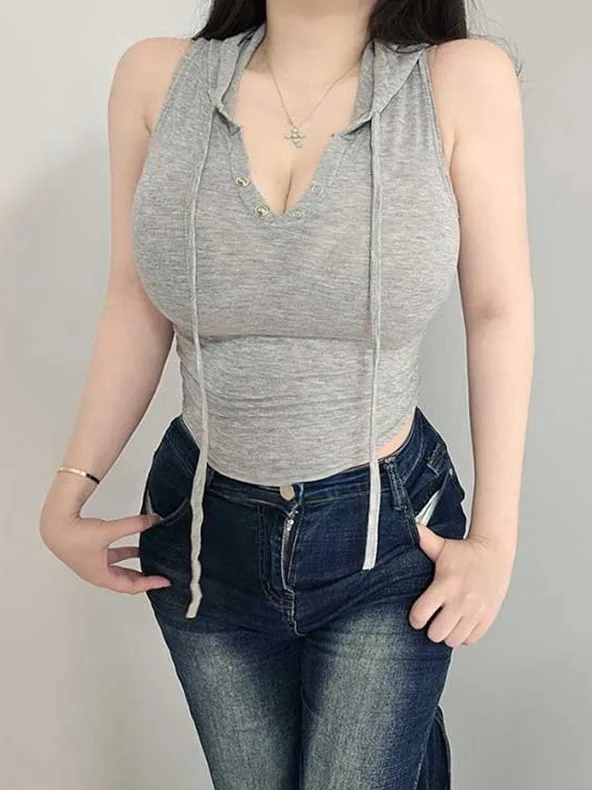 Comfortable Fashionable Sleeveless Tight Hooded T-Shirt Women's Sexy Chest Enhancement Top Dongda Gate New Arrival