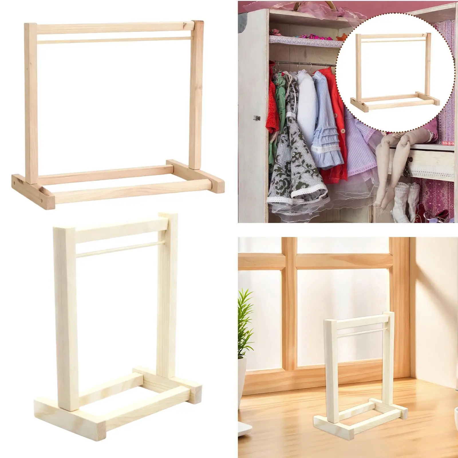 

Wood Doll Garment Rack Wardrobe Storage Miniature Furniture for Dollhouse Accessories and Gifts for Girls