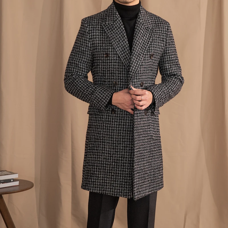 Deer Sanxian Business Retro Winter Joker 70% Wool Double-breasted Houndstooth Coat Medium and Long Jacket for Men