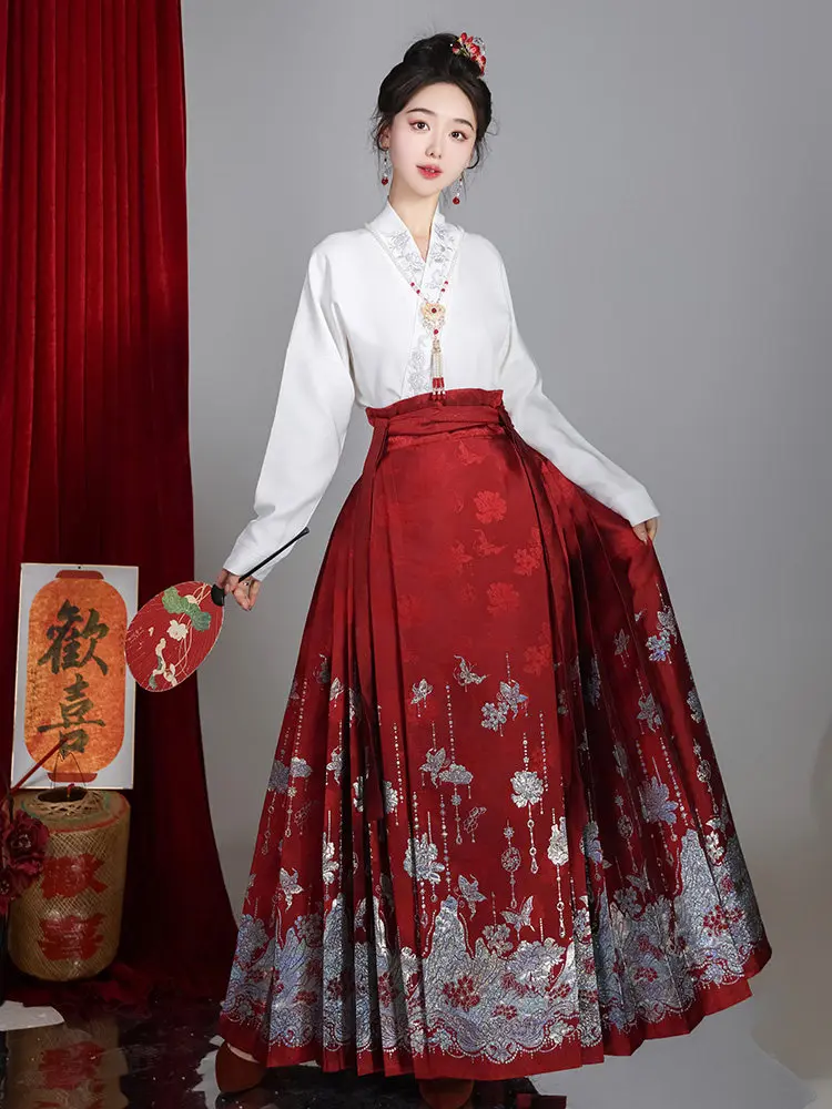 

Винтажная юбка Hanfu с конским лицом, тканая золотая женская китайская традиционная зеленая юбка Hanfu со складками MaMianQun