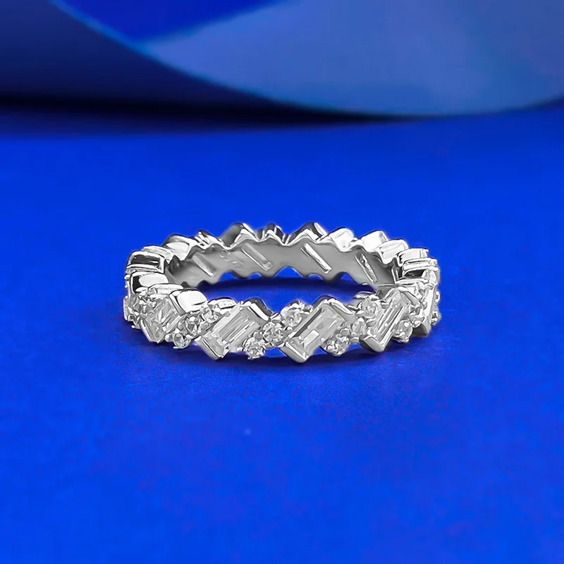 

S925 silver European and American new rectangular white diamond cut full diamond row ring dazzling ring emerald ring