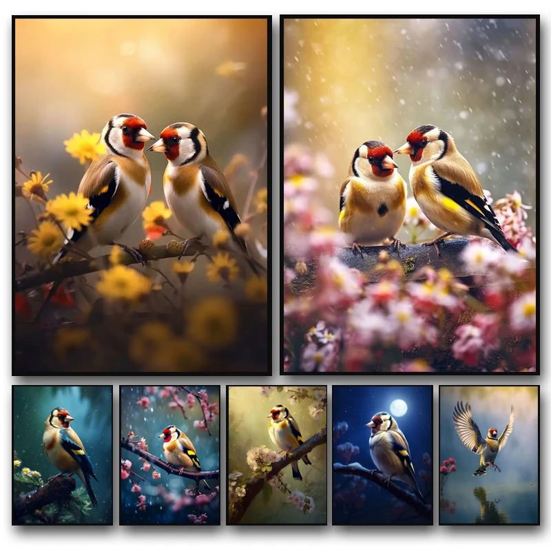 Goldfinch Bird Couple with Flower Posters Prints Beautiful Animal Canvas Painting Wall Art Picture for Living Room Home Decor