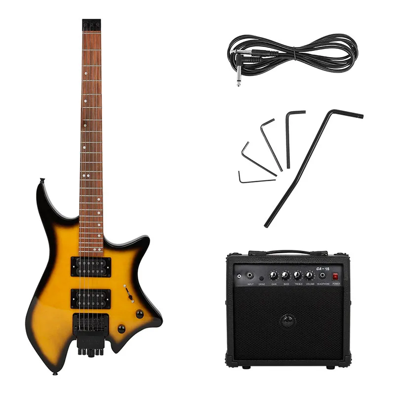 Maple Headless Electric Guitar with Speaker, Equipped with String Lock Module, Rock Guitar for Beginner