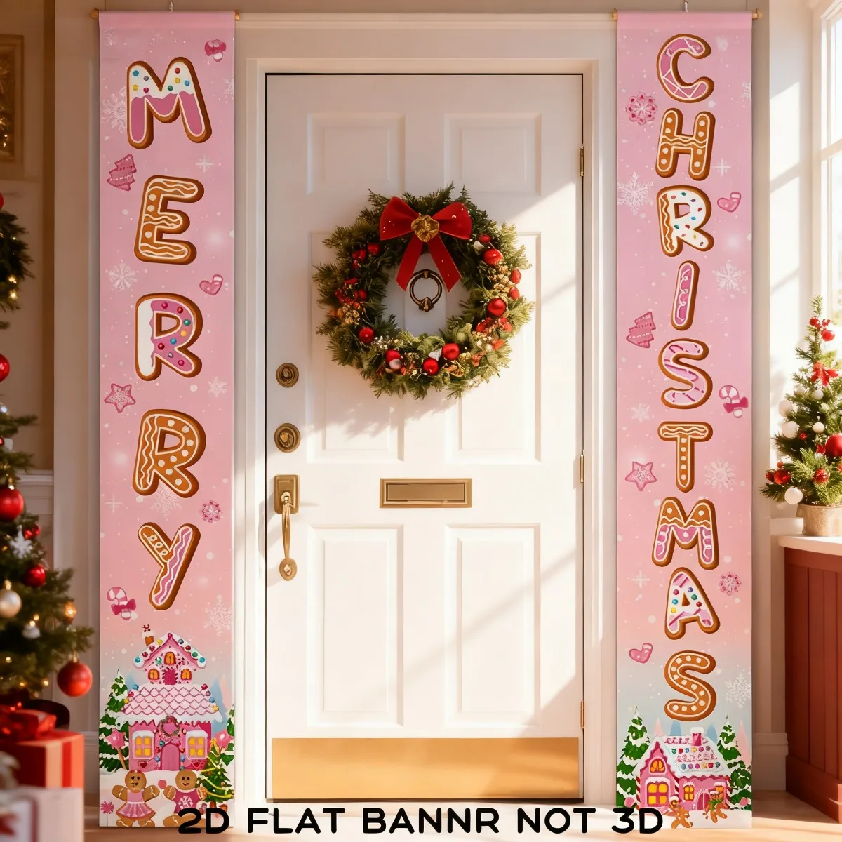 

2D FLAT 1pair/2 pcs Pink & White Glittery Merry Christmas Party Banners, Door Banner With Gingerbread Houses & Hearts, Couplet