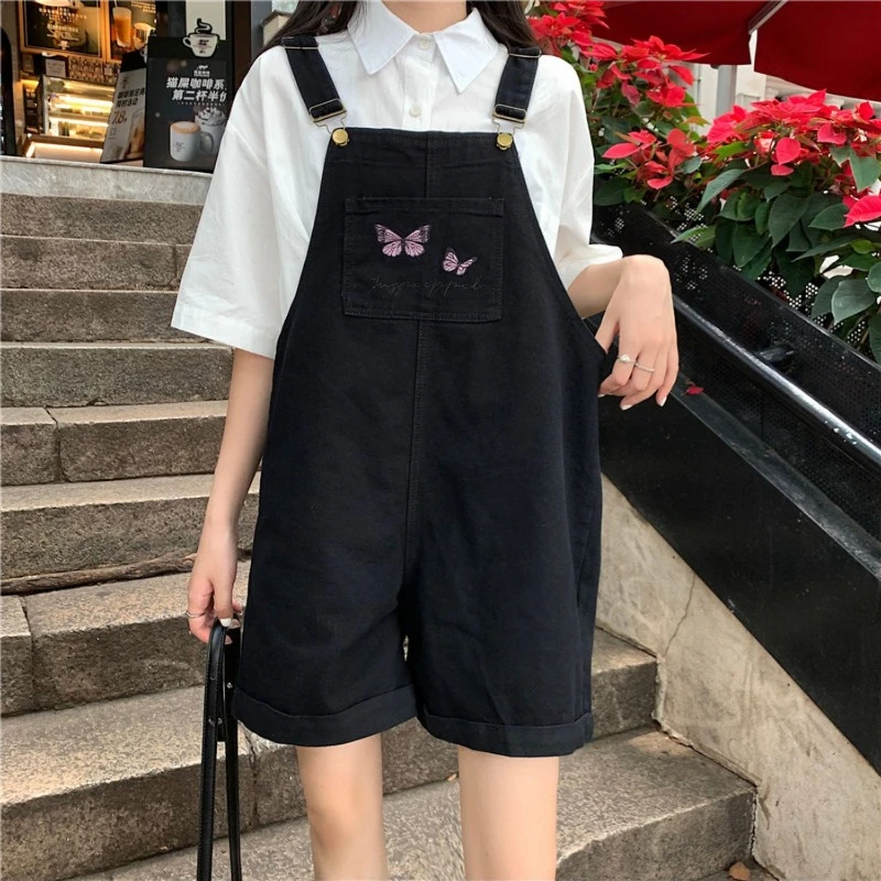 Butterfly Embroidery Denim Rompers Women 2024 New Loose Thin Halter Pants Office Lady High Waist Versatile Strap Shorts Female