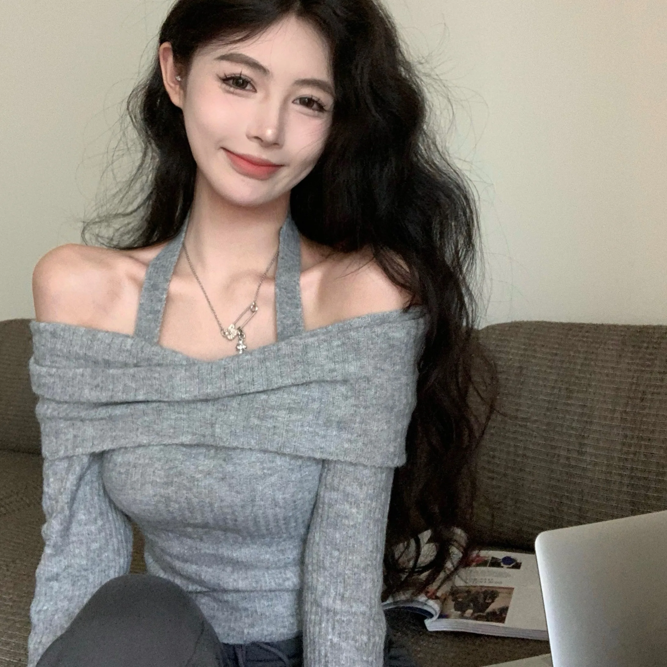 

Облегающий вязаный свитер на одно плечо Bell Sve Ne Hanging, осень-зима, новый женский модный повседневный длинный топ све