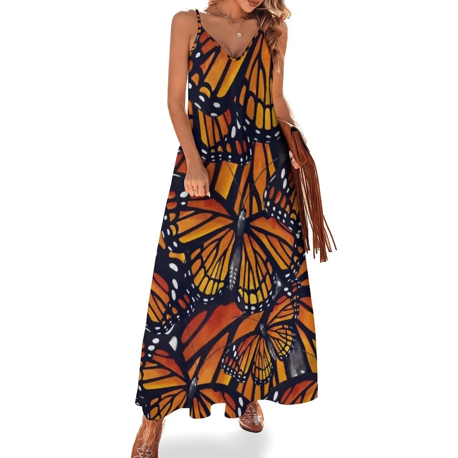 

Orange Monarch Butterflies Sleeveless Dress Women's summer suit Dress for girls Evening gown Dress