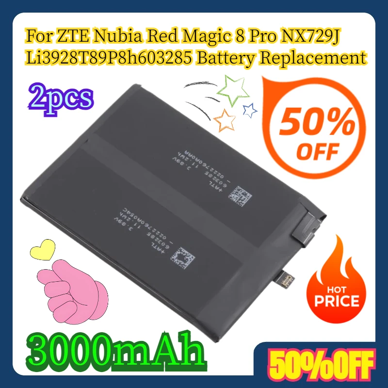 2pcs 3000mAh For ZTE Nubia Red Magic 8 Pro NX729J Li3928T89P8h603285 Battery Replacement