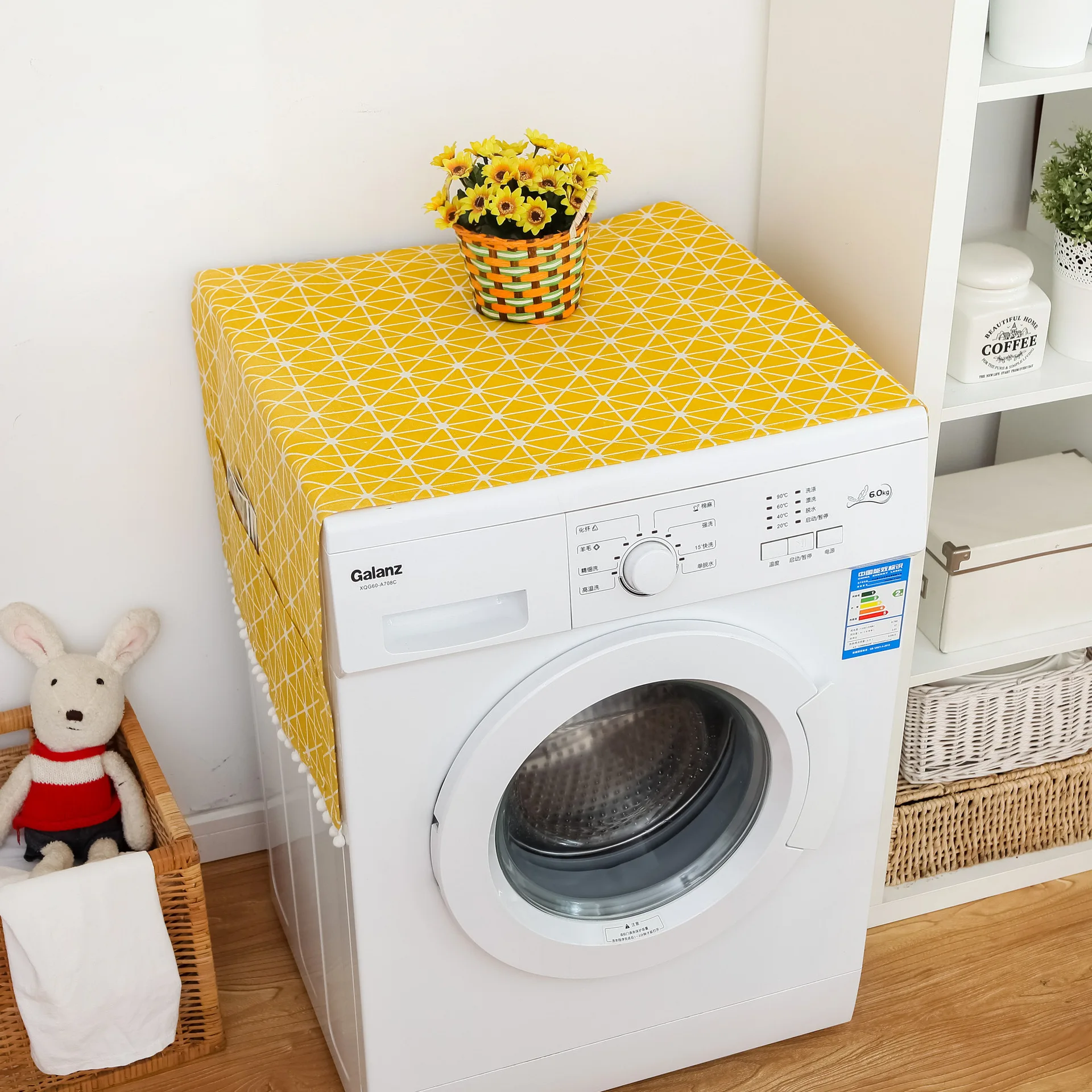 Penutup Mesin Cuci Drum Kain Debu Kotak-kotak Geometris Kuning Penutup Kabinet Samping Tempat Tidur Penutup Linen Katun Penutup Debu Kulkas