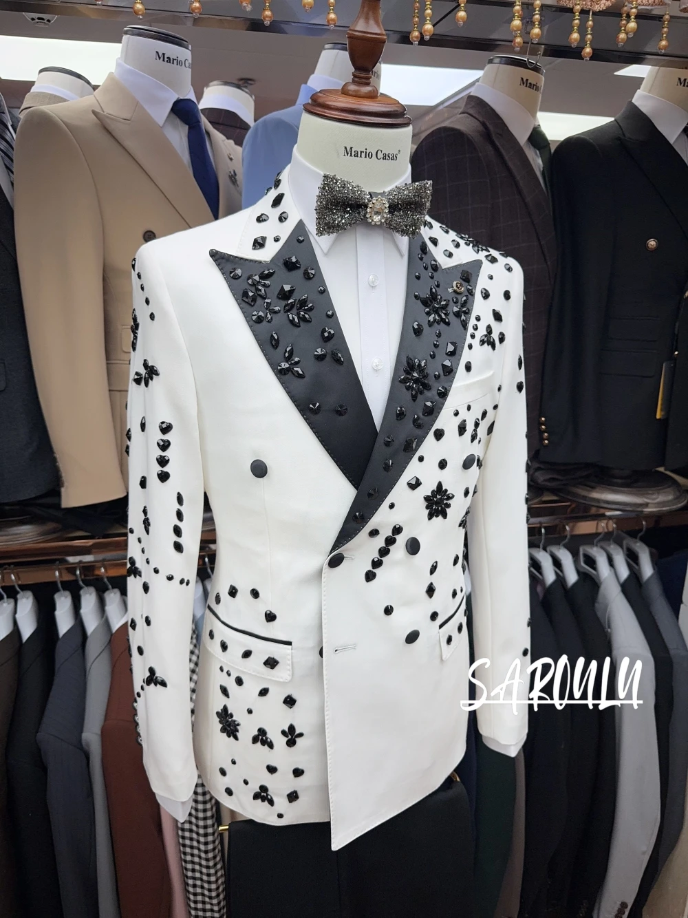 

Textured Two Pieces Beaded Men's Suit Popular Party Date Customized Crystals Celebrity Peak Lapel Groom Wear In Stock Set